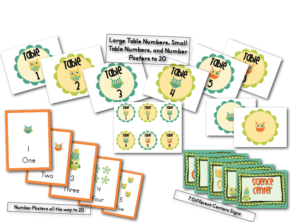 Table Numbers, Number Posters 1-20, Whoo's in My Class? Posters