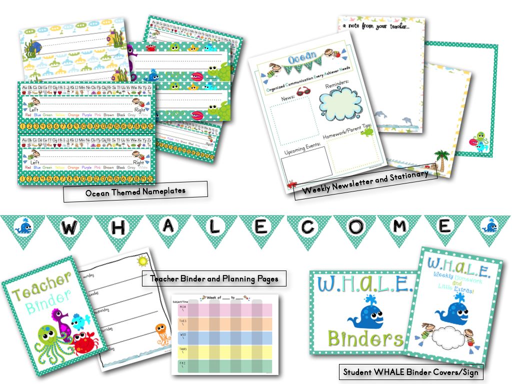 OceanBeach Theme Name Plates, Newsletter, Stationary, Whale Binder