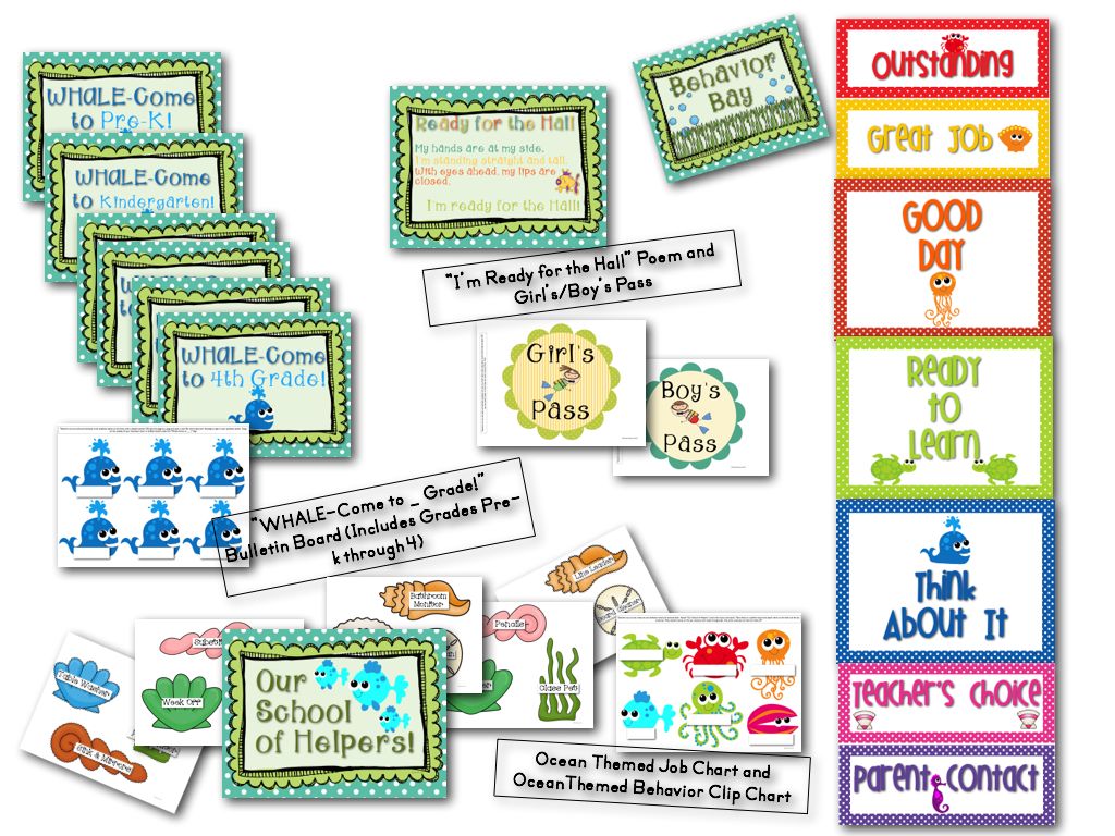 Ocean_Beach Theme job chart, clip chart, bathroom pass